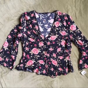 Zara Floral Bell Sleeve Cropped Blouse